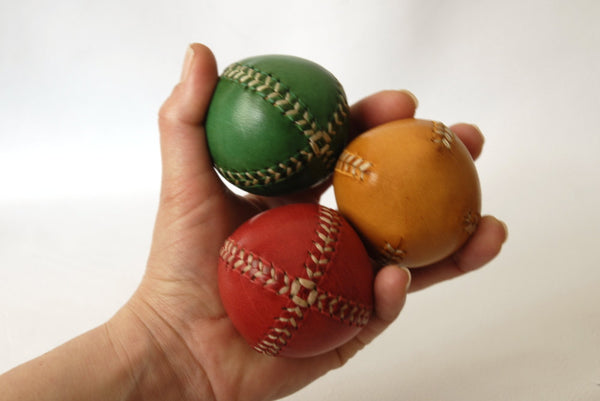 Set of 3 leather juggling balls, red, green, blue, juggling balls, gift for jugglers, 55mm diam.