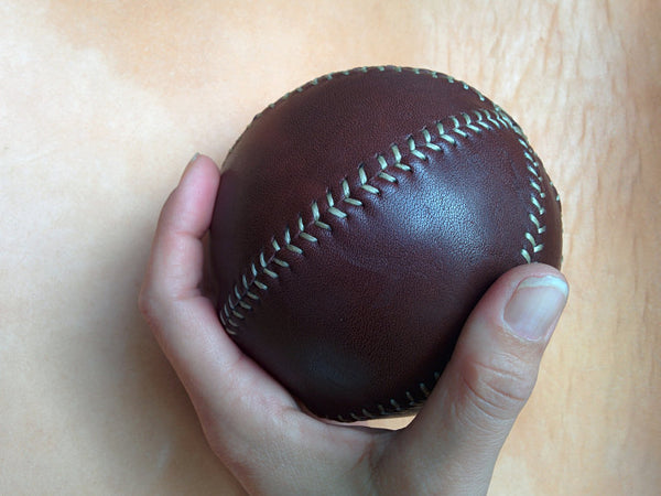 Leather bouncing ball, decorative leather ball, 10 cm diam, Spanish chocolat oiled leather.